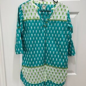 Hatley Teal & White Seahorse Tunic with Green Accents